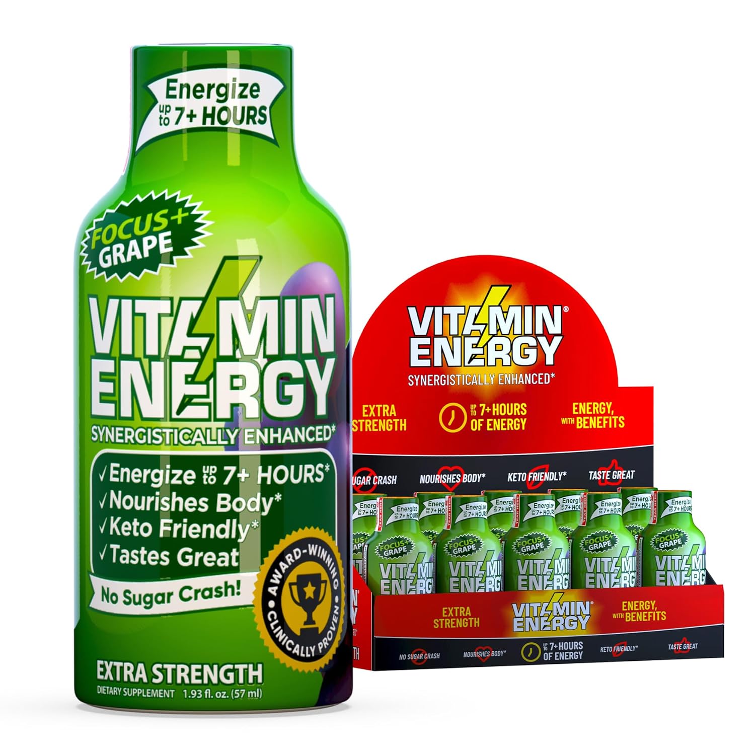 Vitamin Energy Focus+ Extra Strength Energy Shot Grape 10 Pack, 260mg Natural Caffeine, B-Vitamins, CoQ10, Amino Acids, Focus, Productivity & Clarity, Zero Sugar, Gluten-Free, 1.93 fl oz