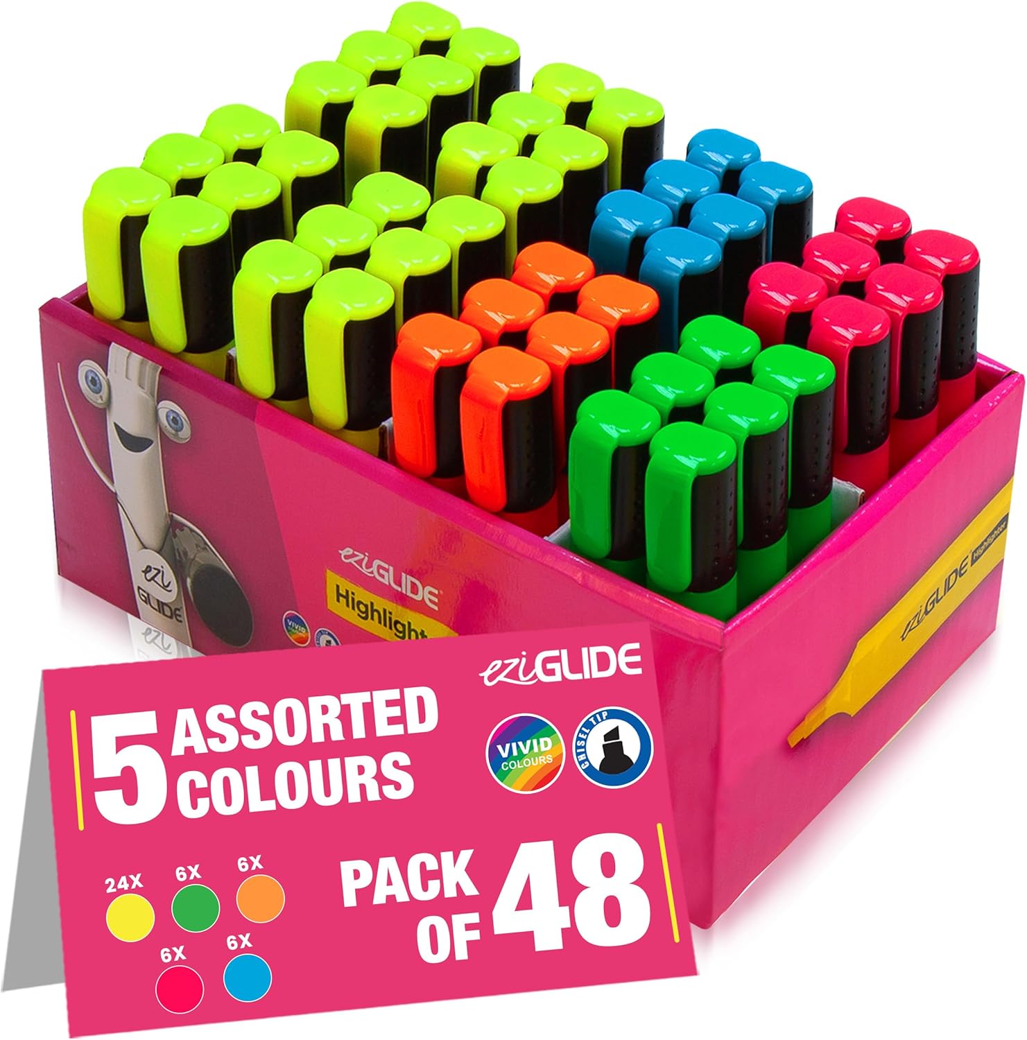 Eziglide Highlighters Pens 48-Pack, 5 Assorted Colours - Neon Assorted Chisel Tip Marker for Bold & Fine Marking, 1-4.5mm Line for Clear Marking, Ideal for Schools, Universities, & Offices