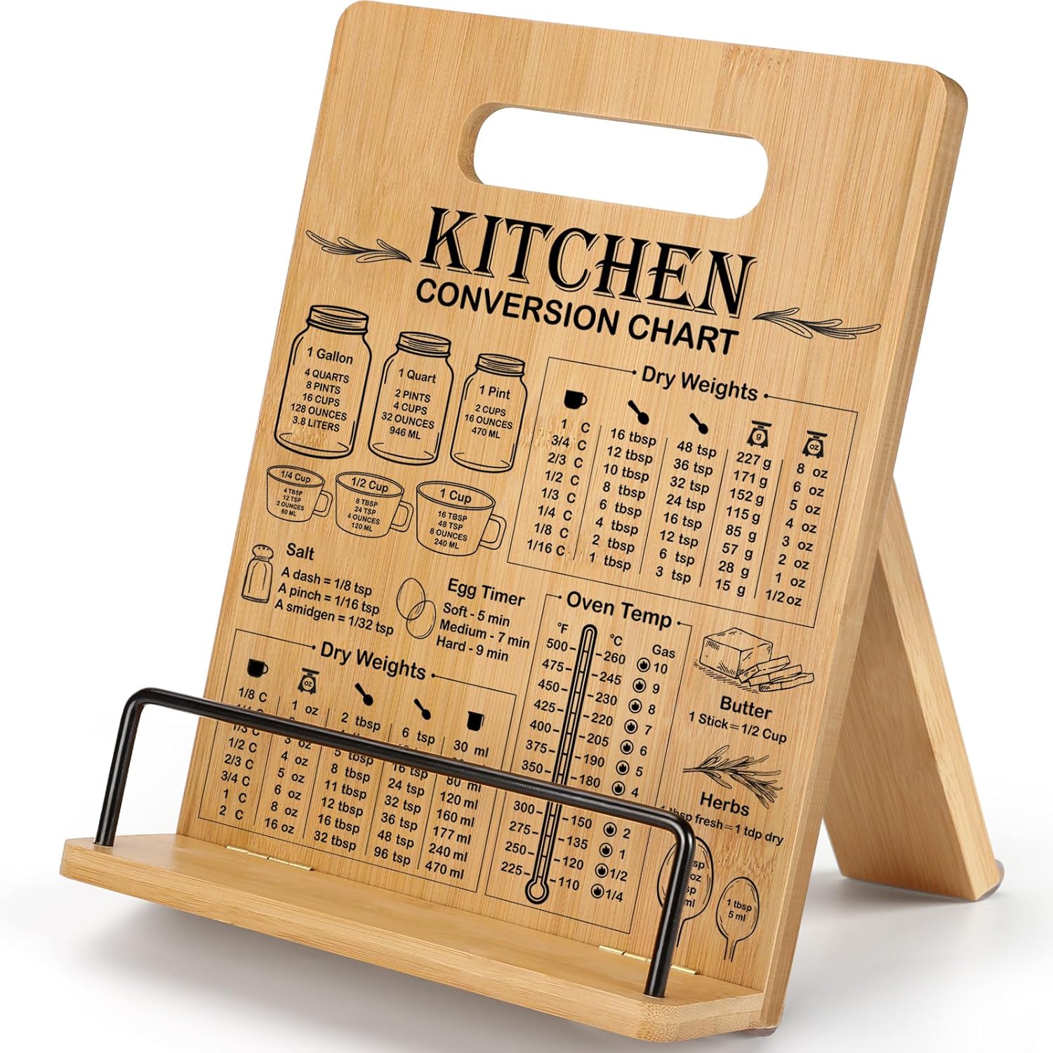 Bamboo Cookbook Stand for Kitchen Counter, Recipe Book Holder with Measurement Conversion Chart, Adjustable Cookbook Holder, Essential Accessories for Holding Cookbooks