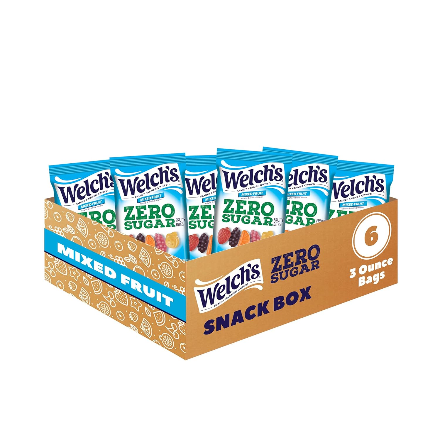 Welch's Zero Sugar Fruity Bites, Mixed Fruit Snack Box, Gluten Free & Sugar Free Snacks, 3oz Snack Packs (Pack of 6)