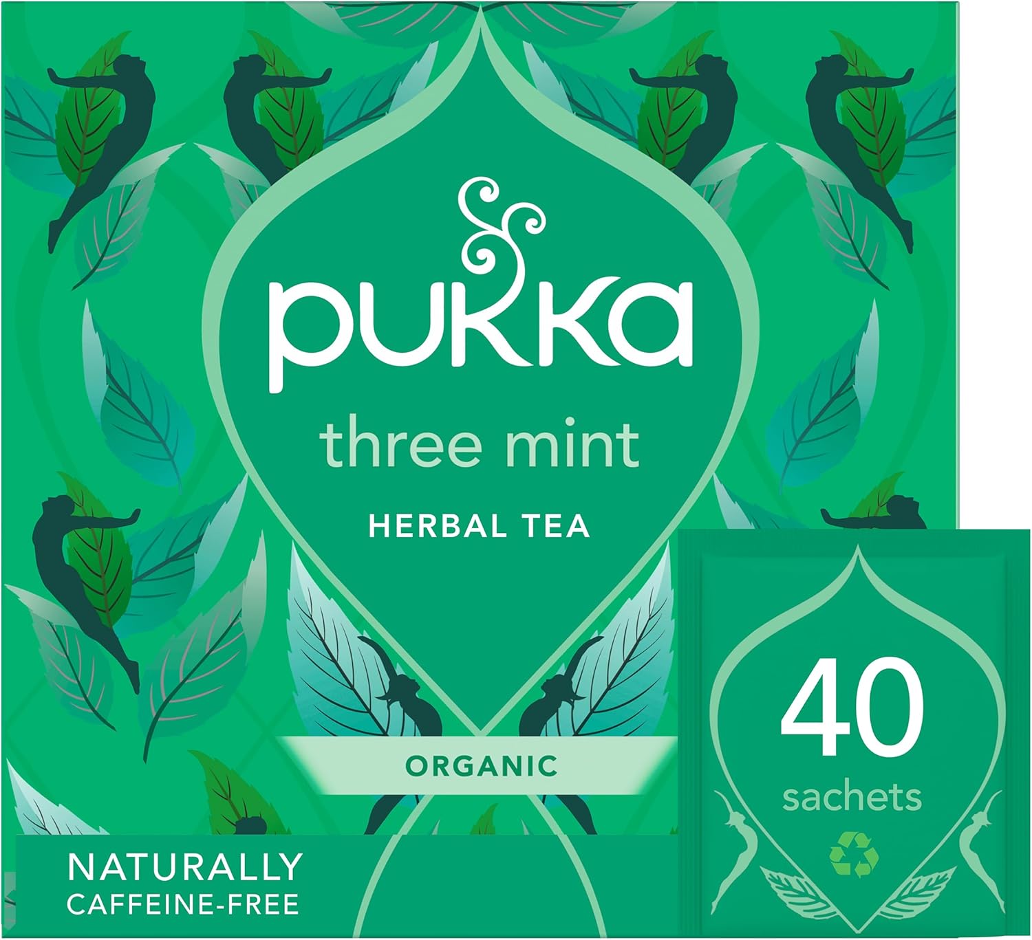 Pukka Herbs Three Mint Organic Herbal Tea Box - 40 Plant Based Biodegradable drink - Tea Infusion With Spearmint, Peppermint, Fieldmint - For Digestion - Sleep - Caffeine Free
