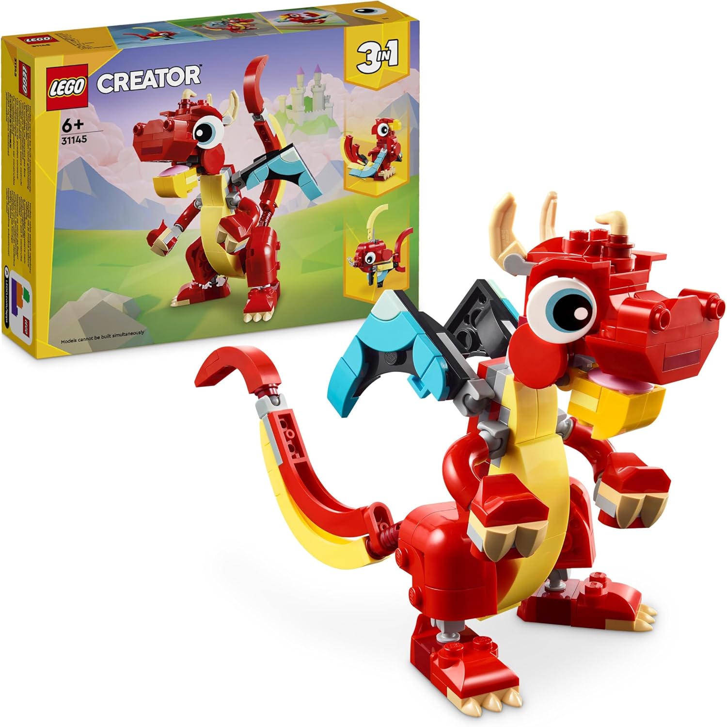 LEGO Creator 3in1 Red Dragon Toy to Fish Figure to Phoenix Bird Model, Animal Figures Set, Gifts for 6 Plus Year Old Boys, Girls and Kids 31145