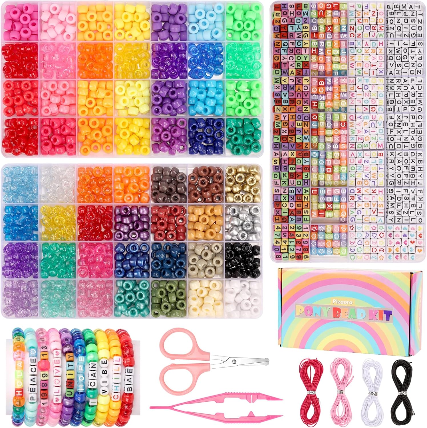 Pizooro Bracelet Making Kit 2400 Pcs Bracelet Beads, 56 Colors Pony Beads in Bead Organizer, 1400 Kandi Beads + 1000 Letter Beads, Jewelry Craft Supplies for Friendship Bracelets, DIY Gifts for Teens