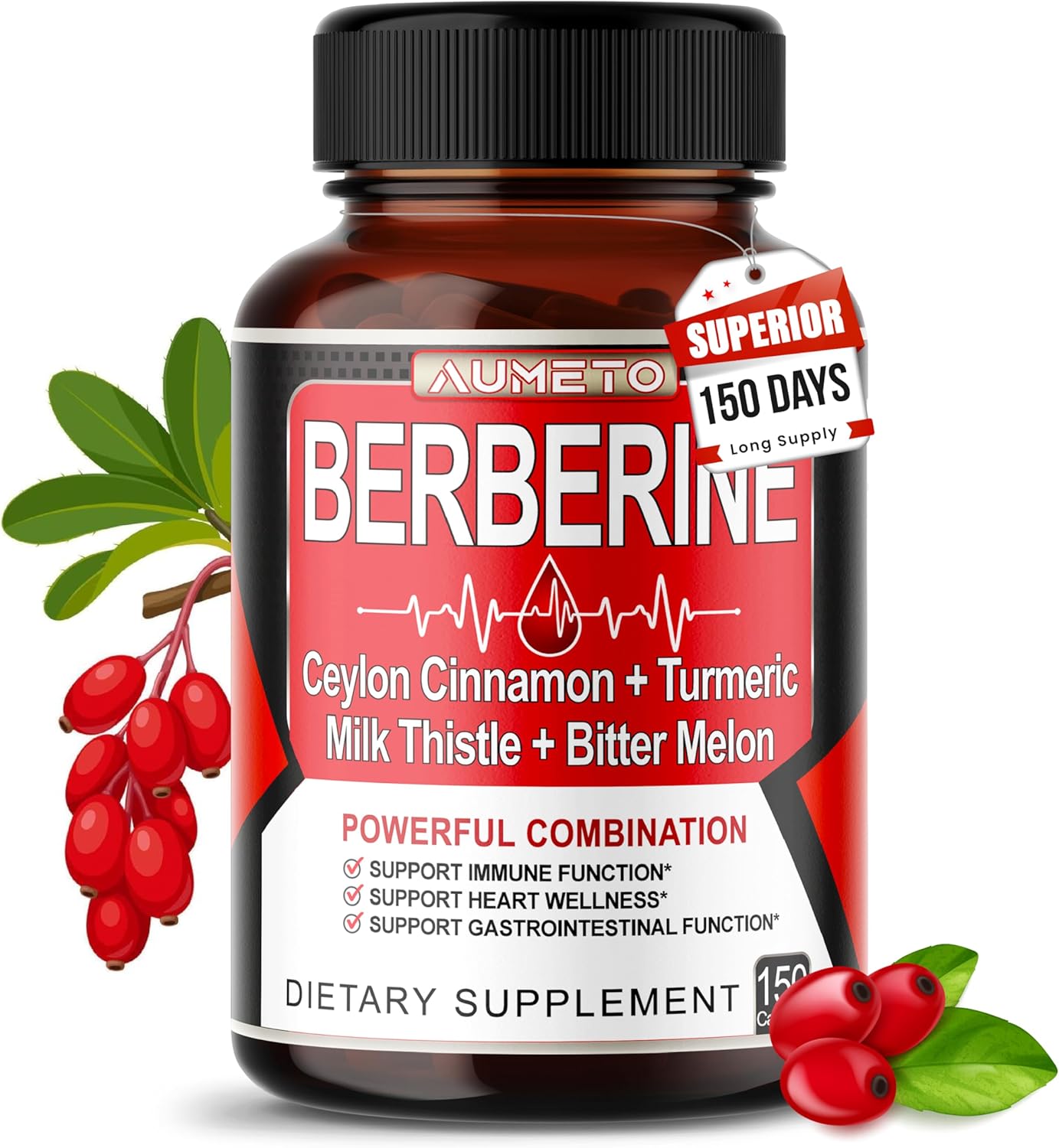 Berberine Supplement - Enhanced with Ceylon Cinnamon, Turmeric, Milk Thistle, Bitter Melon for Digestion, Immunity & Weight Managament (150 Count (Pack of 1))