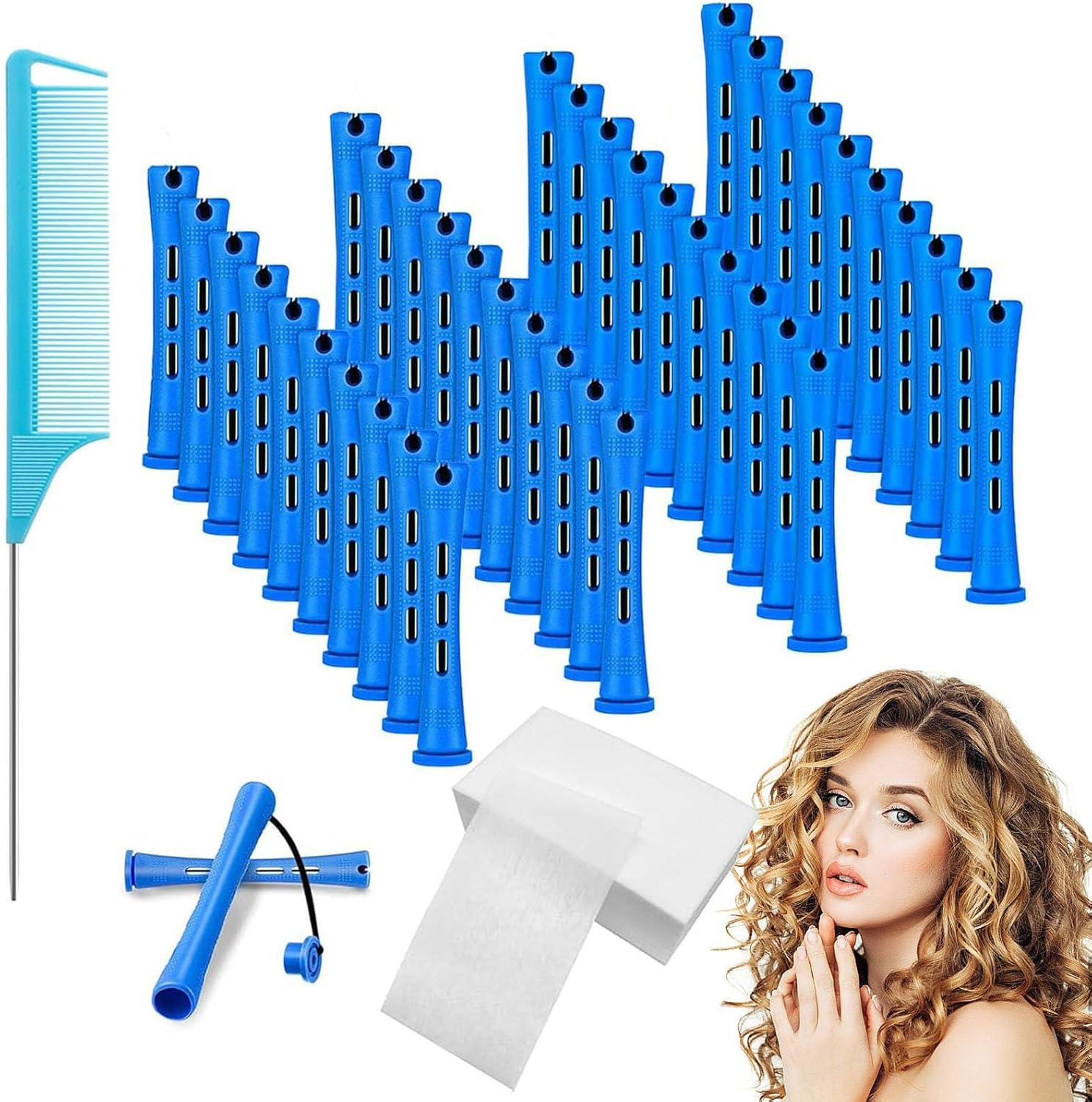 40 PCS Perm Rods 30 PCS Perm Papers Rat Tail Comb Blue, Perm Rollers Short Cold Wave Rods Perming Rods Rollers Curlers With Perming Kit for Hairdressing Styling Supplies for Long & Short Hair Or DIY
