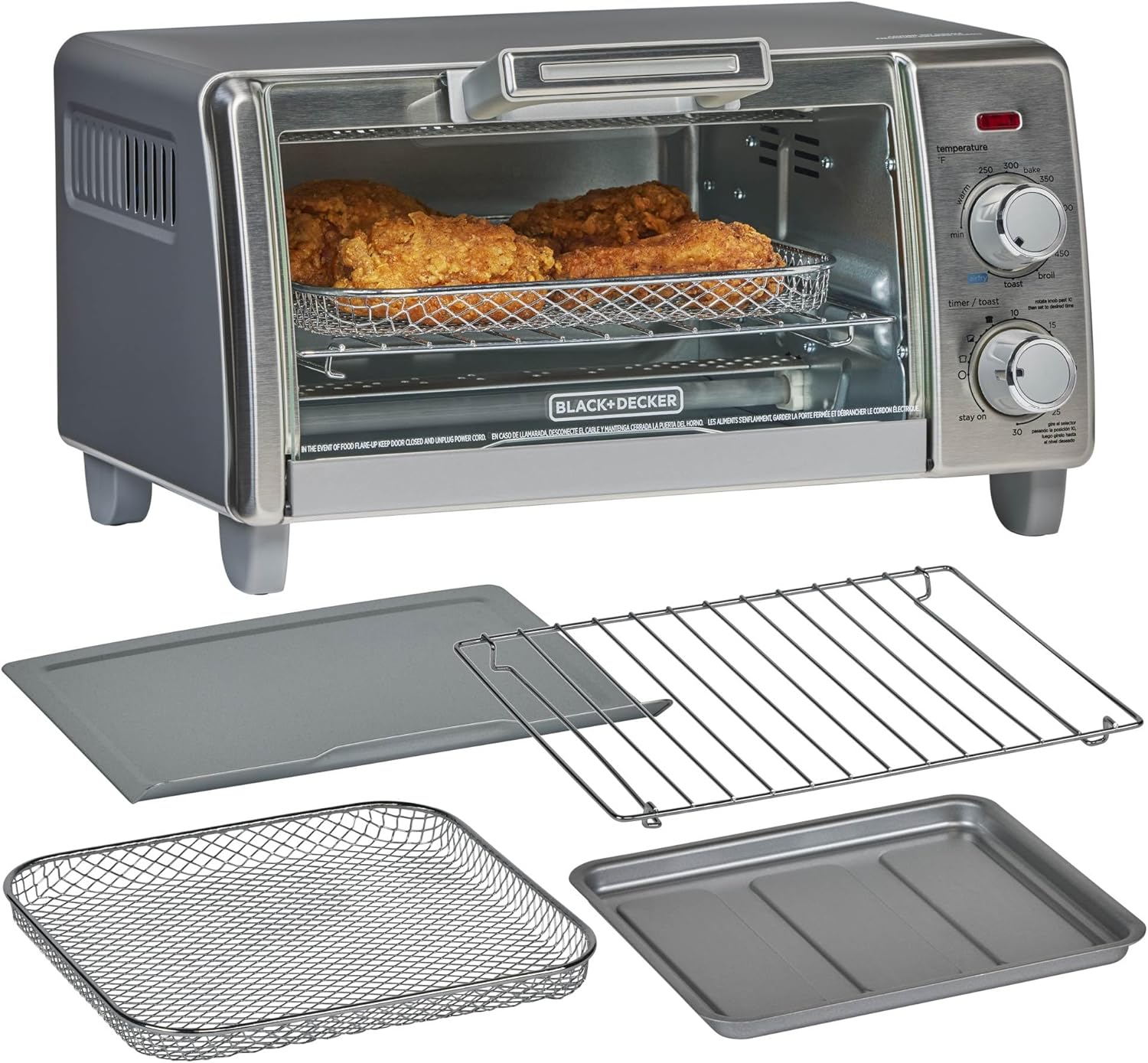 BLACK+DECKER Crisp 'N Bake Air Fry Countertop Convection Toaster Oven, Medium Capacity, 4-Slice, 5-in-1, Fits 9” Pizza, 30-Min Timer, Bake, Broil, Air Fry, Toast, Keep Warm, Stainless Steel