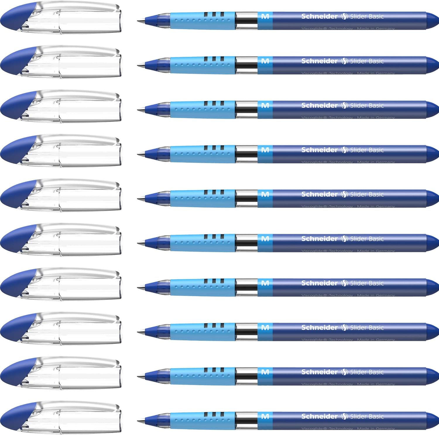 Schneider Slider Basic M (Medium) Ballpoint Pen, 1.0 mm, Transparent Barrel, Blue Ink, Box of 10 Pens (151103)