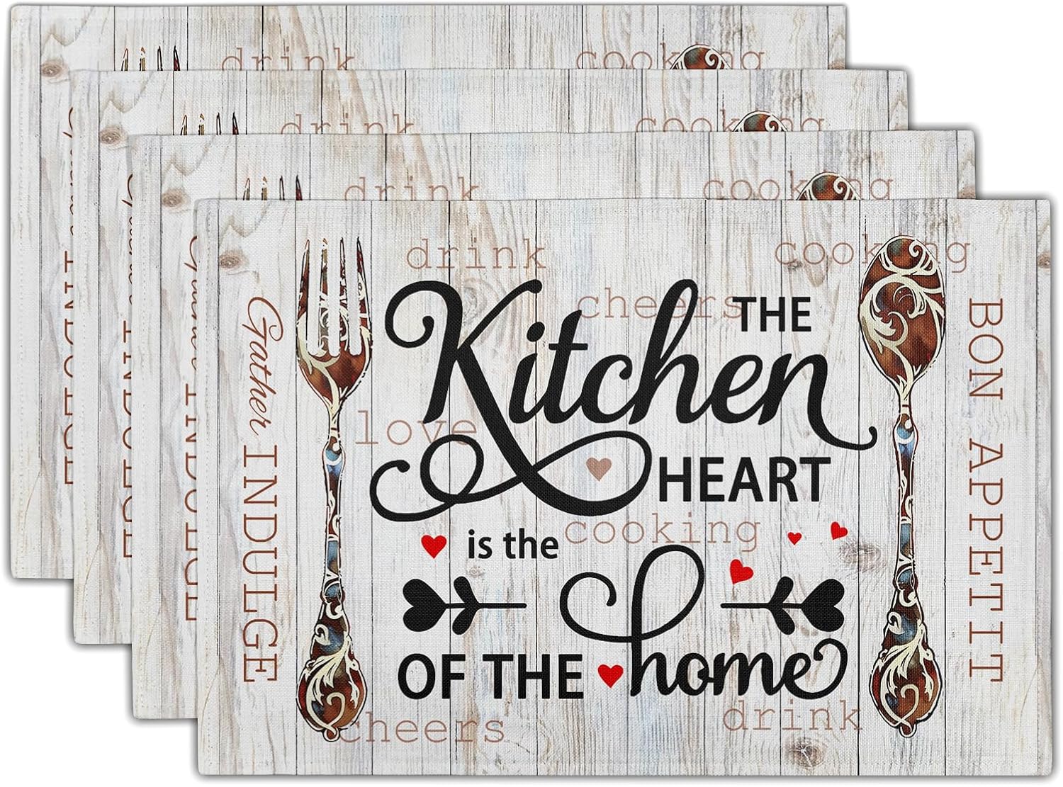 Giwawa The Kitchen is The Heart of The Home Placemats Set of 4, Farmhouse Vintage Style Cooking Sets Linen Washable Table Place Mats 12x18 Inch for Kitchen Dining Party Indoor Outdoor Decor