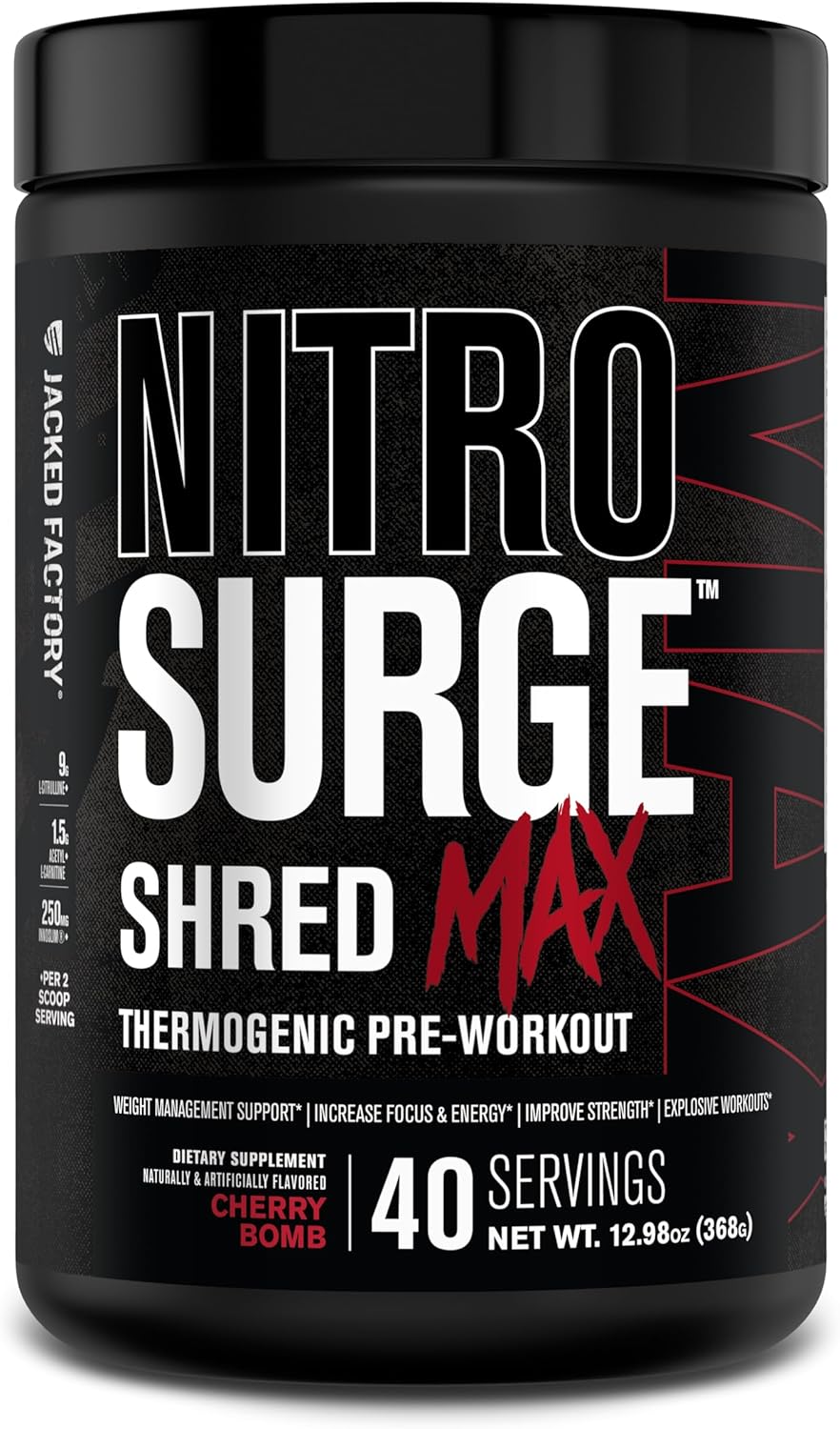 Jacked Factory Nitrosurge Shred Max Preworkout - High-Performance Thermogenic Pre Workout Powder for Men and Women with L Citrulline, Acetyl L Carnitine, Organic Caffeine - 40 Servings, Cherry Bomb