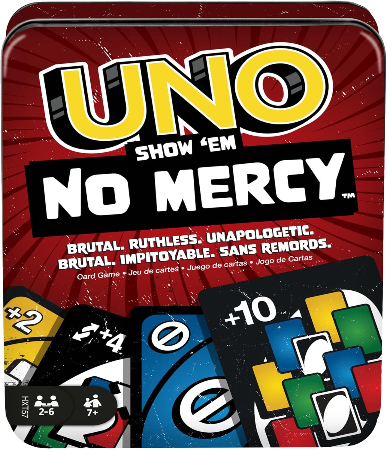 Mattel Games UNO Show ‘em No Mercy Card Game in Storage & Travel Tin for Kids, Adults & Family Night with Extra Cards, Special Rules & Tougher Penalties, HXT57