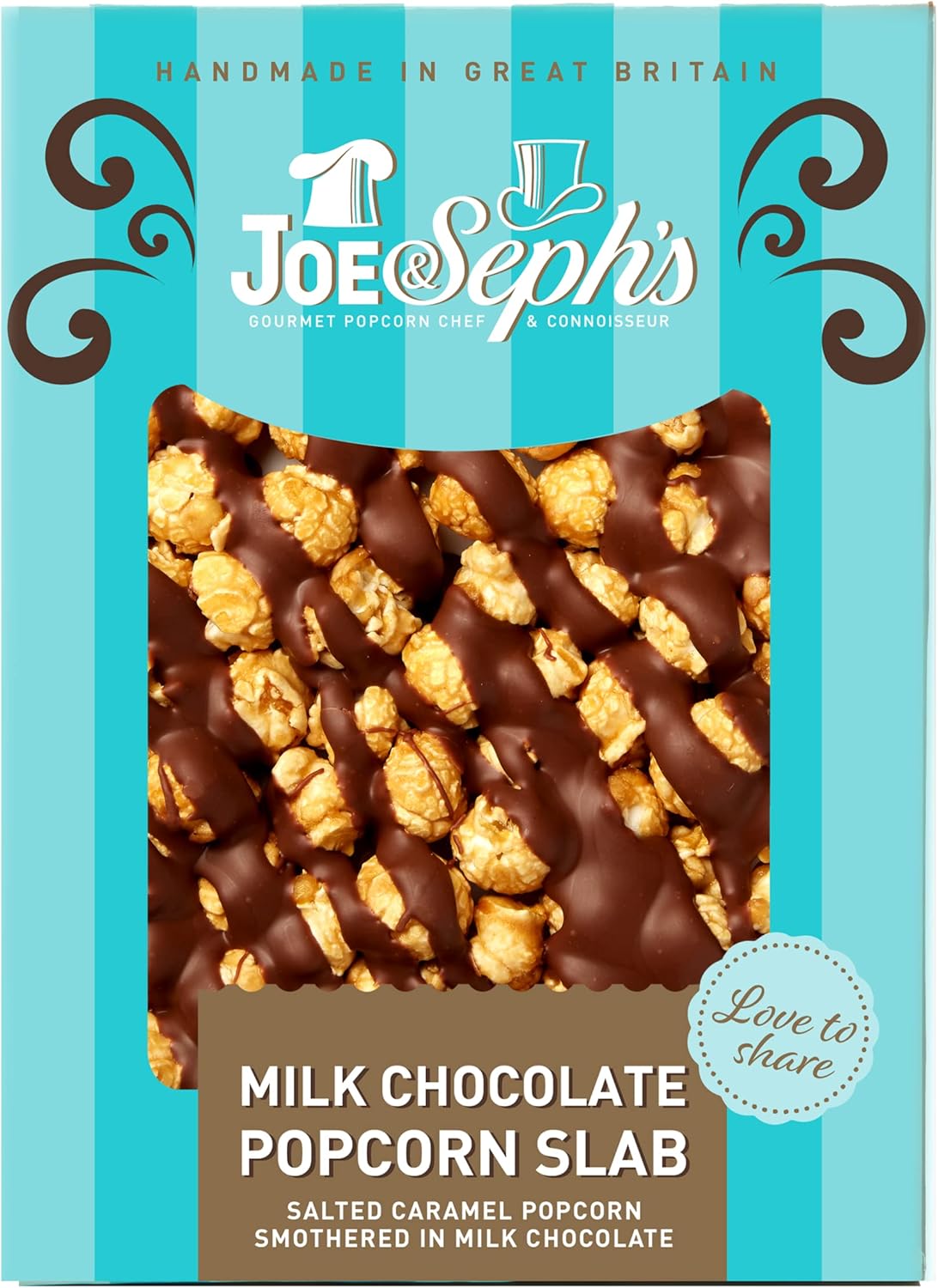 Joe & Seph's Milk Chocolate Popcorn Slab (1x115g), Salted Caramel Gourmet Popcorn, Belgian Milk and White Chocolate Air-Popped Popcorn, 37% of Cocoa, Gifts for Men and Women, Festive Snacks