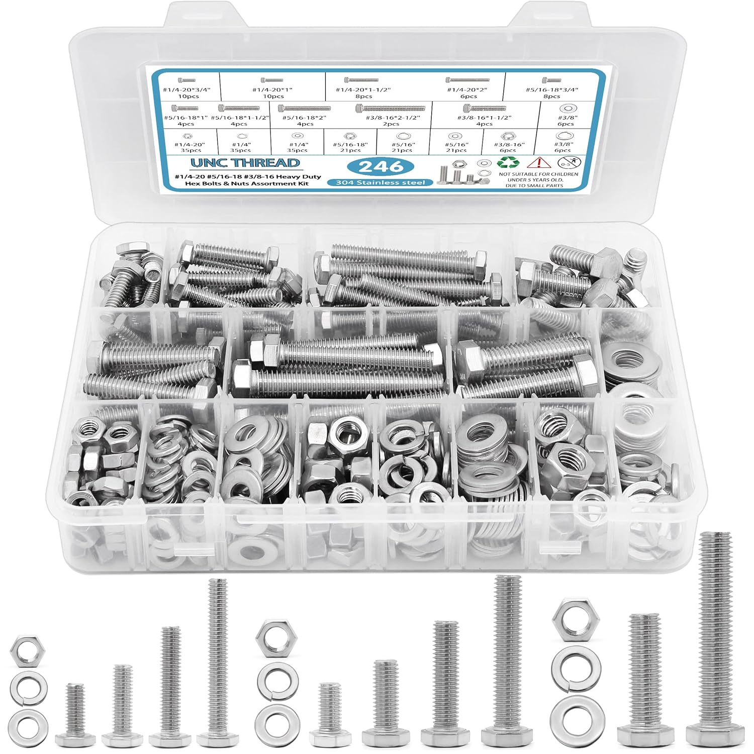 246PCS Hex Head Bolts and Nuts Assortment Kit, Stainless Steel 1/4-20, 5/16-18, 3/8-16, Assorted Nuts and Bolts, Flat & Spring Lock Washers with Case