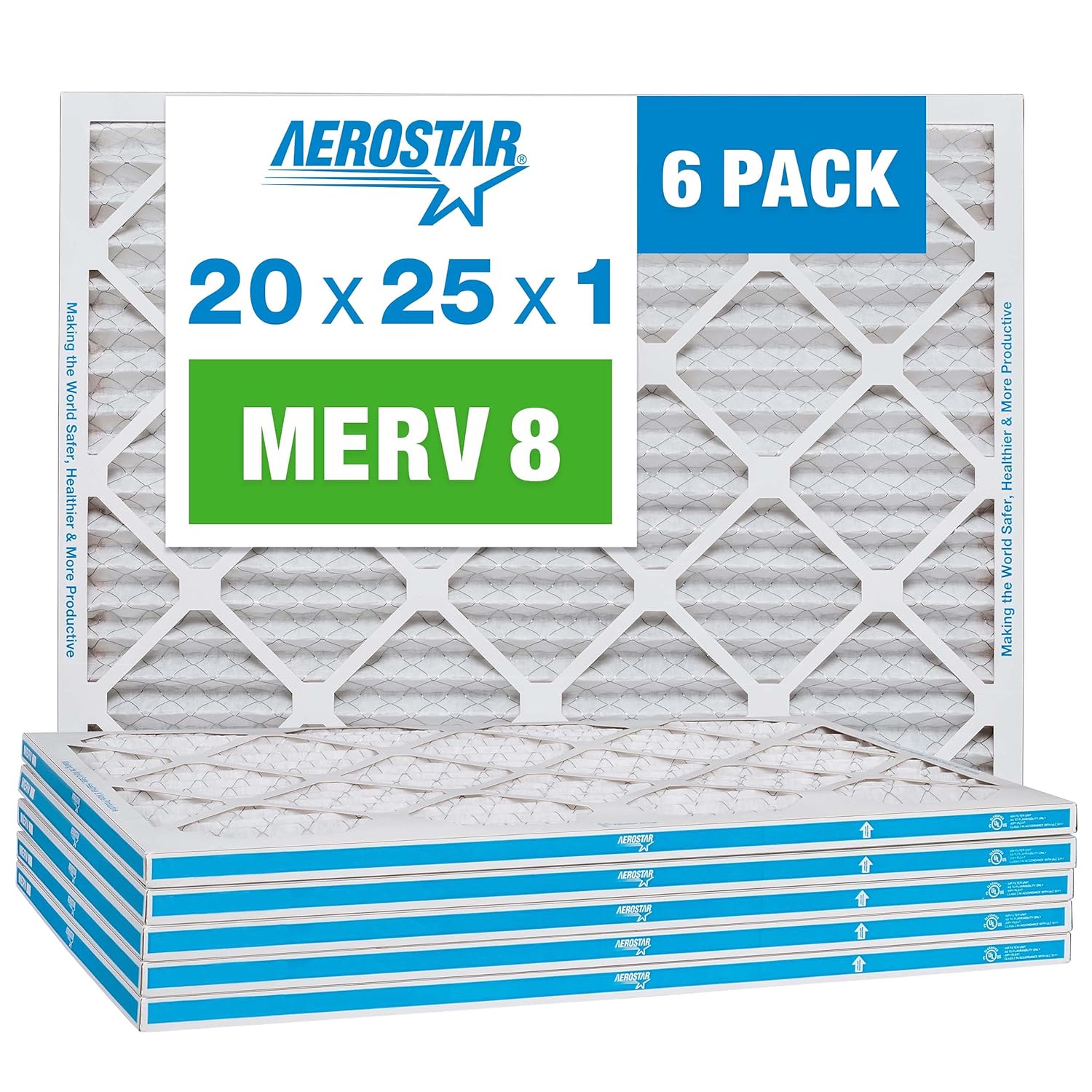 Aerostar 20x25x1 MERV 8 - 6 Count - High Efficiency Pleated HVAC, Furnace & Air Conditioner Filters - Removes Dust, Lint, Mold & Allergy-Causing Pollen