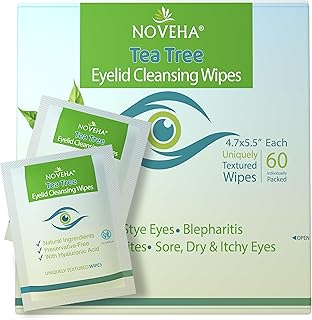 NOVEHA 60PCs Tea Tree Oil Eyelid & Lash Wipes | With Hyaluronic Acid, Green Tea & Chamomile For Blepharitis, Itchy & Stye Eyes, Individually Wrapped, Natural Eyelash Makeup Remover & Daily Cleanser