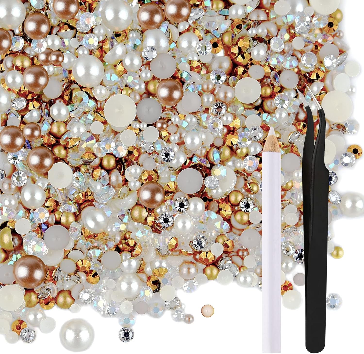 ASTARON 50g Mix Flatback Rhinestones Half Pearls for Craft Mixed Size 3mm-10mm Flat Back Rhinestones for Crafts Flatback Pearls for DIY Tumblers Mugs Nail Art Shoes Clothes (Champagne Gold Series)