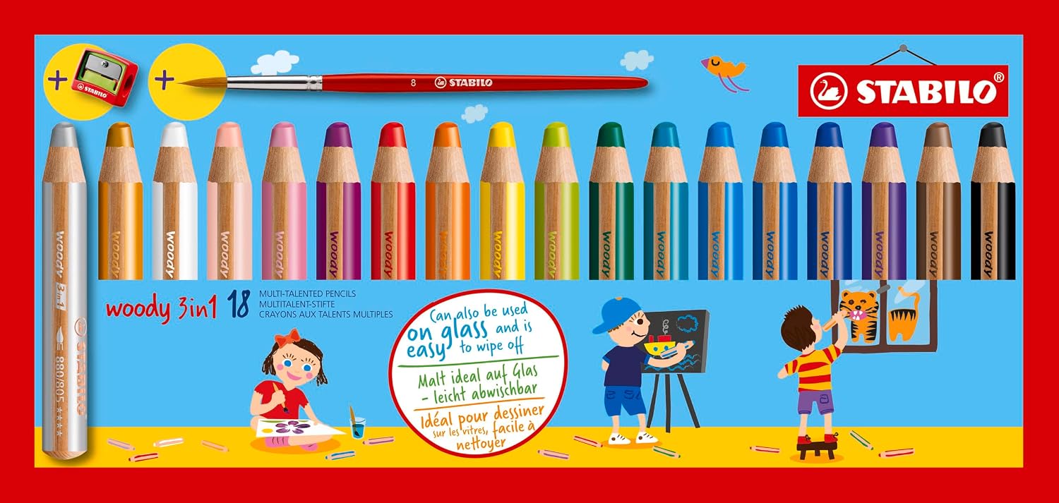 STABILO Multi-Talented Pencil woody 3 in 1 - Pack of 18 - Assorted Colors with Sharpener and Paint Brush