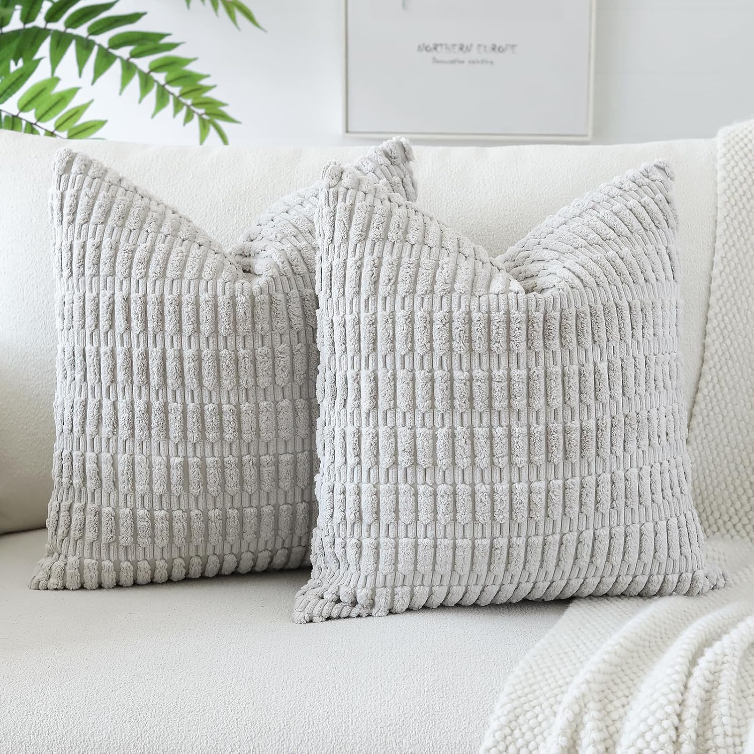 JOTOM Set of 2 Corduroy Soft Striped Cushion Covers 45x45 cm Decorative Throw Pillow Covers Square Cushion Case Home Boho Decor Pillow Cases for Couch Sofa Bedroom 18x18 Inch (Light Gray)