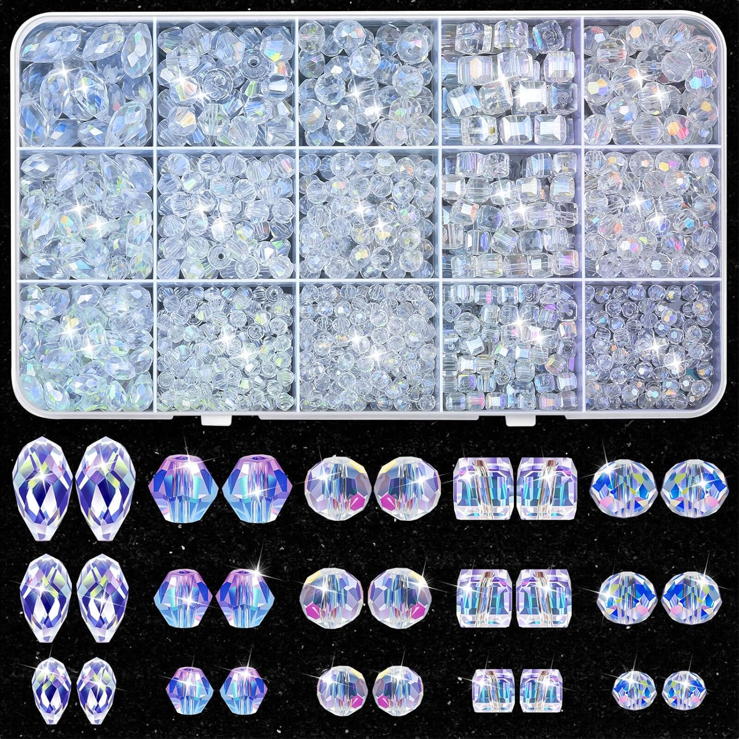 Thrilez 900 Pieces Glass Crystal Beads for Jewelry Making, Assorted Crystal Beads for Bracelets, Jewelry, DIY Crafts or Home Ornaments(Clear Crystal AB Color)