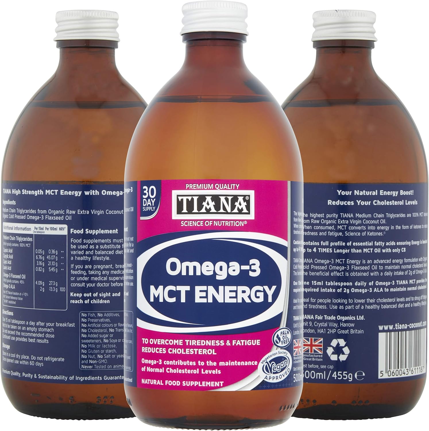 TIANA Fairtrade Organic Omega-3 MCT Oil, Reduces Cholesterol, 500ml