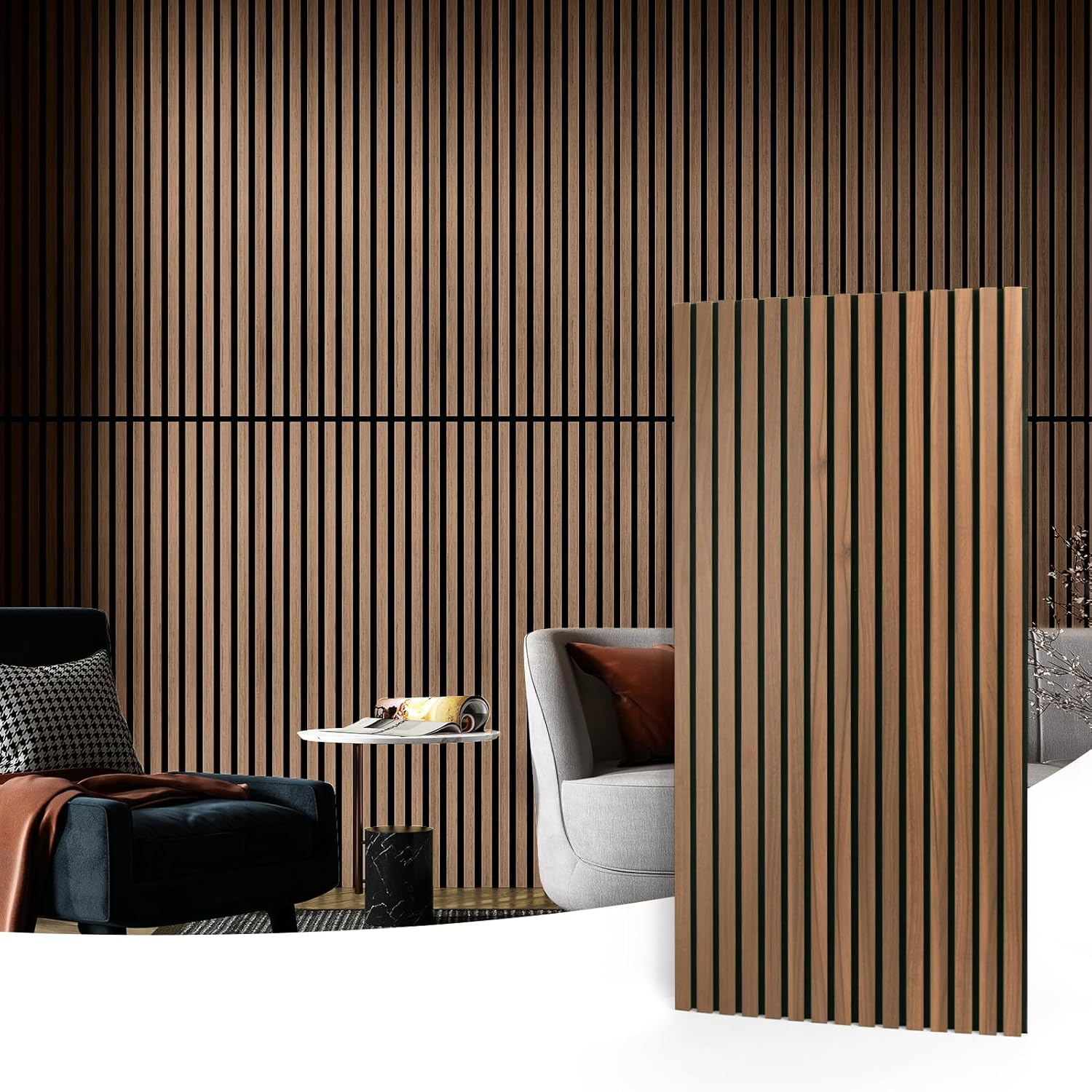 Art3d 2 Wood Slat Acoustic Panels for Wall and Ceiling - 3D Fluted Sound Absorbing Panel with Wood Finish - Walnut Covering 1.44㎡