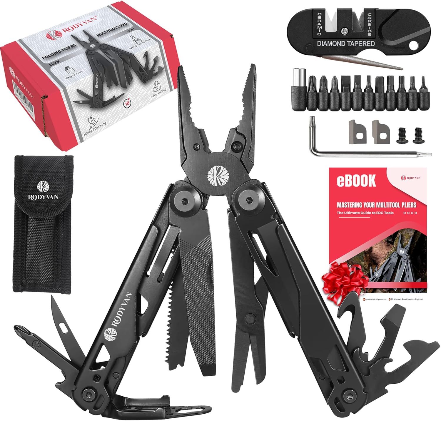 RODYVAN Multitools, 19-in-1 Stainless Steel Multi Tool Pliers with Scissors, Screwdriver Set, Bottle Opener, Survival Camping Accessories. Gift for Men Dad. DIY Tool kit for Outdoor Activities