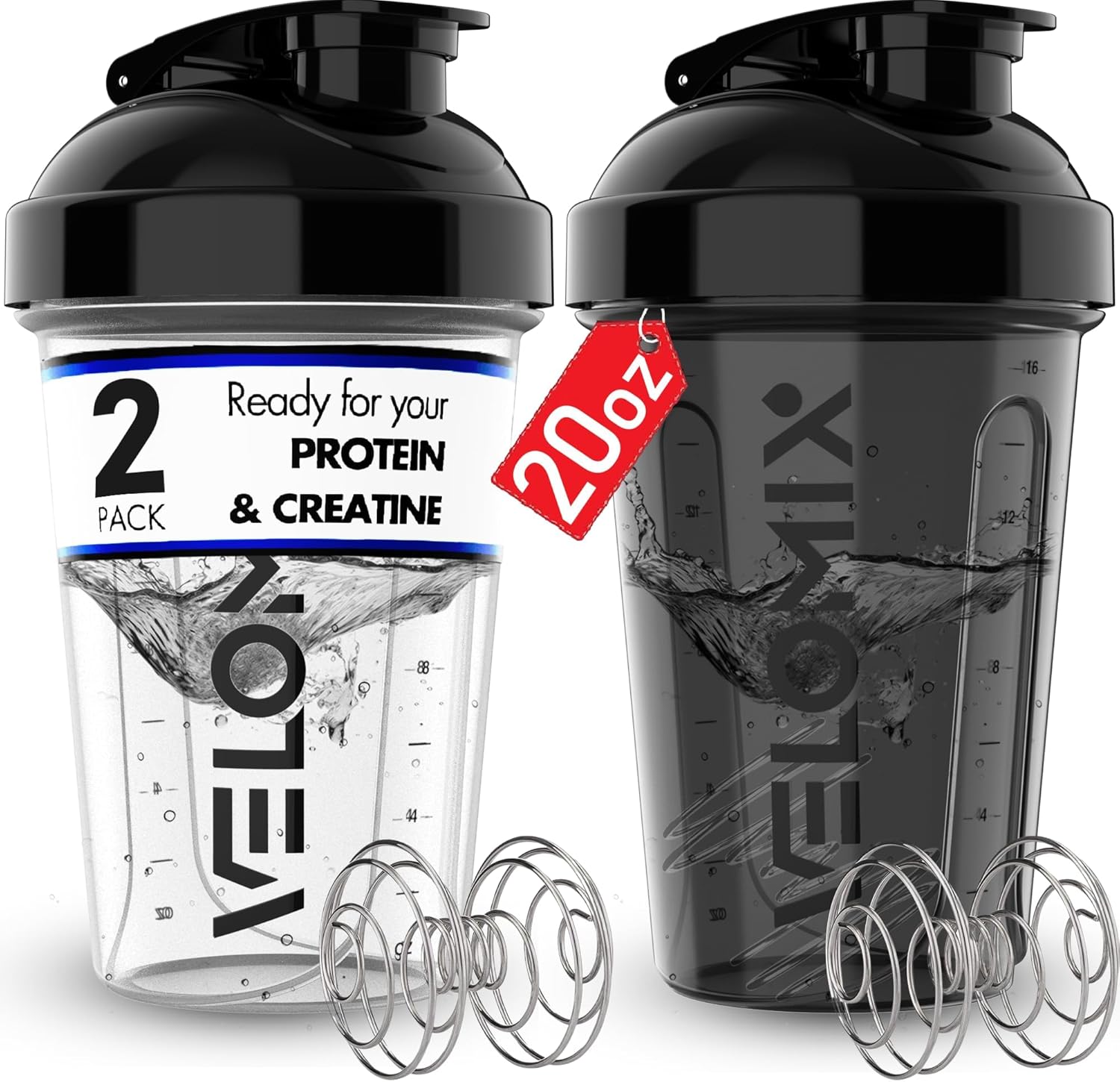 -2 Pack- 20 oz Protein Shaker Bottles for Protein Mixes - 2x Wire Whisk | Leak Proof Shaker Cups for Protein Shakes and Pre Workout | Protein Shaker Bottle Pack | Protein Mixer Cup