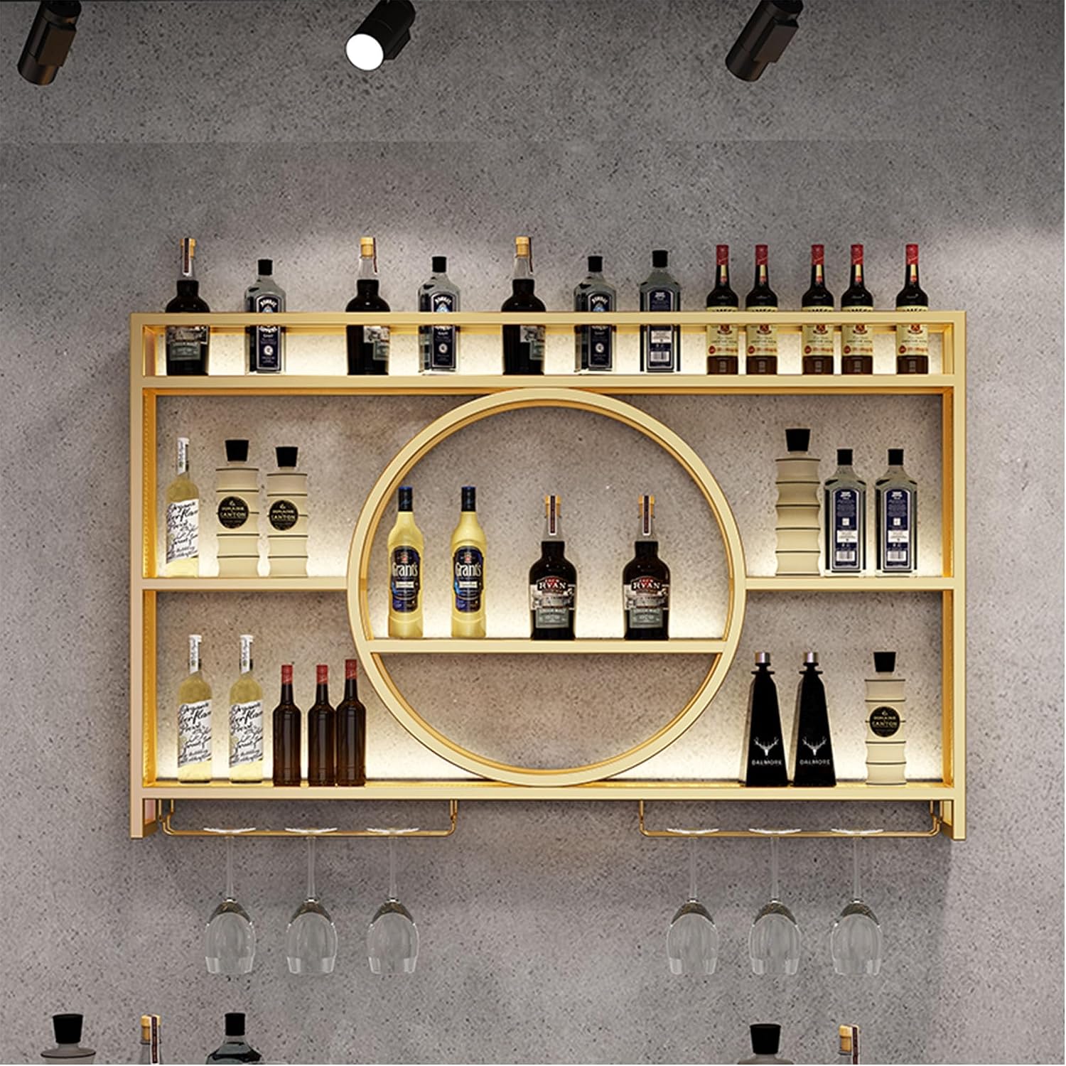Metal Wine Rack Bar Shelves Wall Mounted Kitchen Storage With Wine Glass Holder Liquor Shelf Mini Bar Liquor Bottle Display Shelf for Kitchen Dining Room Bar Decoration Gold/Black ( Color : Gold , Siz
