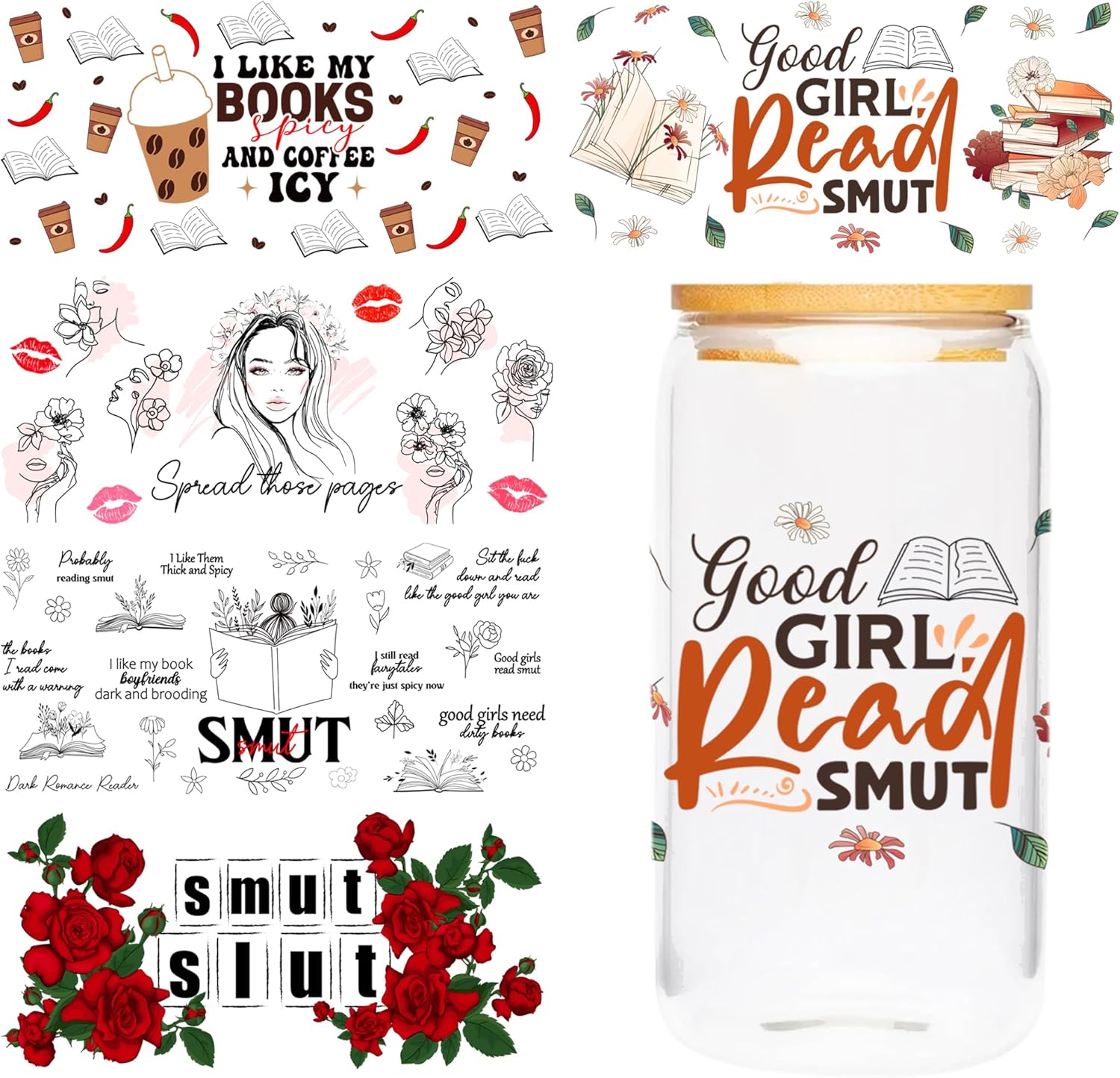 UV DTF Cup Wraps Sticker - 4 Sheets Smut UV DTF for 16 OZ Glass, Smutty Sticker, Dark Romance, Rose Flower, Book, Coffee, Chili Design, Waterproof Rub on Transfer, Gifts for Bookish Book Lover