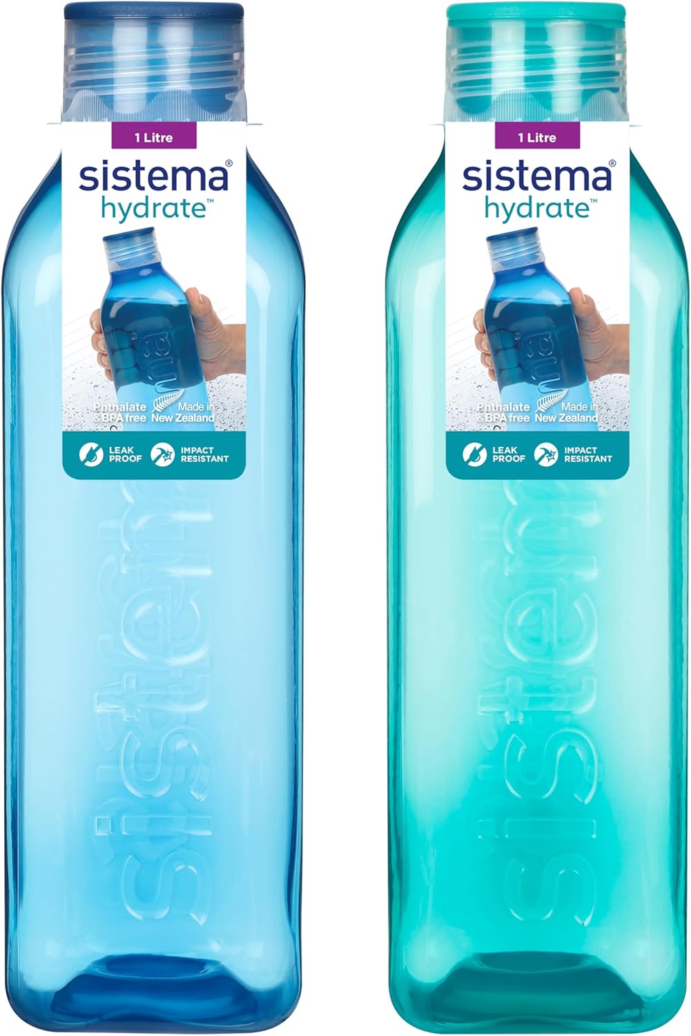 Sistema Square Water Bottles | 1L | Leakproof Kids Water Bottles | Ocean Blue & Minty Teal | 2 Count
