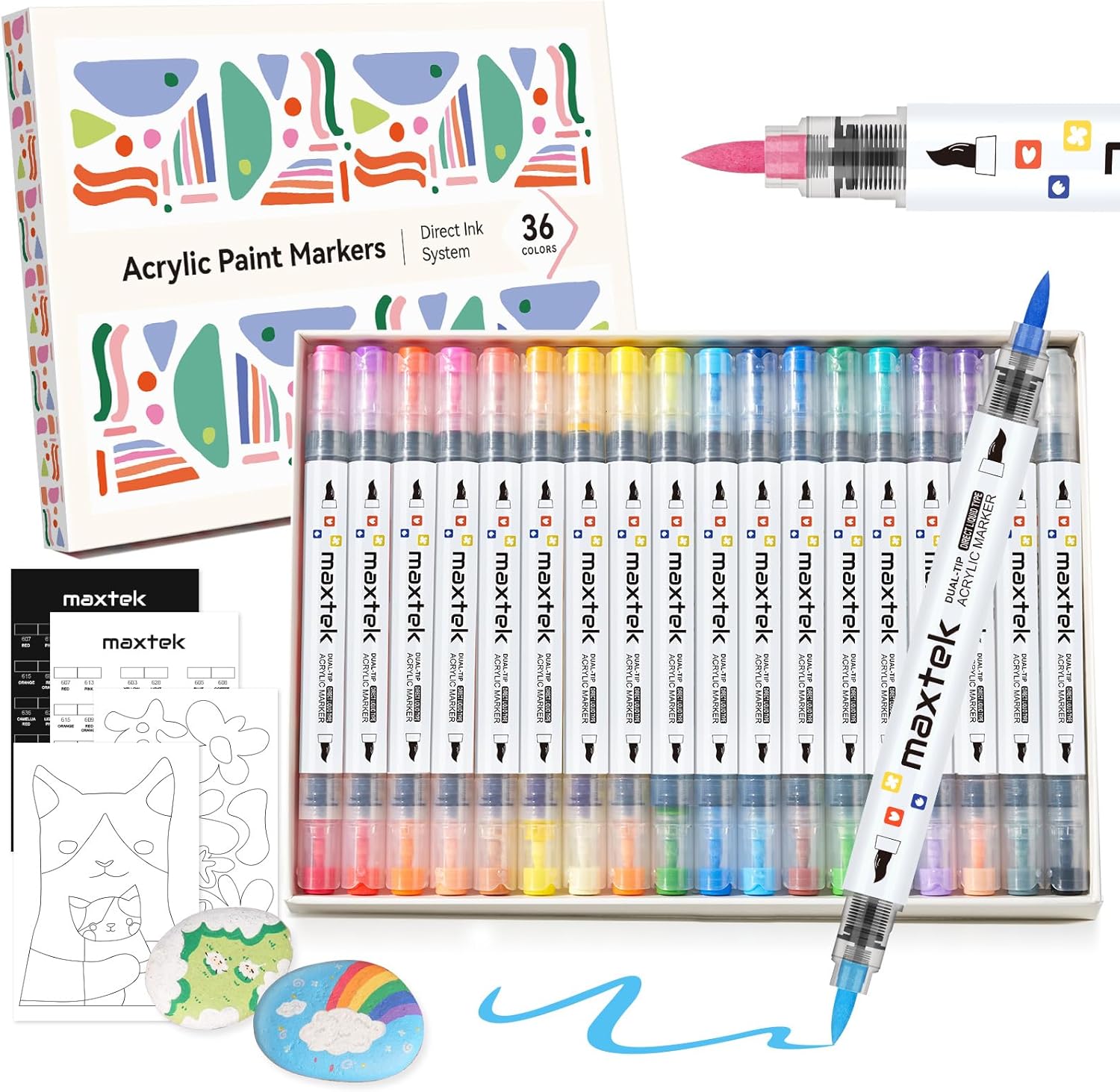 maxtek Acrylic Paint Markers Paint Pens, Dual Tip Direct Liquid Acrylic Markers with Automatic Ink Control System, 36 Colors Brush Tip Art Supplies for Rock Painting, Wood, Stone, Fabrics, DIY Craft