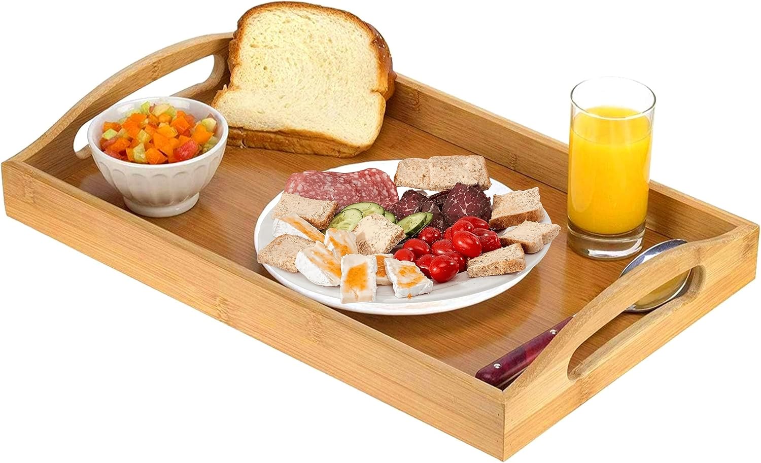 Serving Tray Bamboo - Wooden Tray with Handles - Great for Dinner Trays, Tea Tray, Bar Tray, Breakfast Tray, or Any Food Tray - Good for Parties or Bed Tray Home It