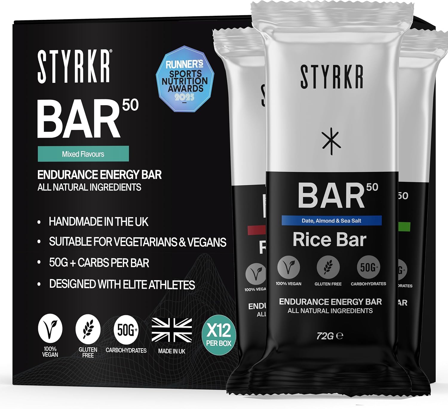 Energy Bars by Styrkr - Pack of 12 Rice Bars for Cycling & Running - Mixed Flavours Pack - Approved by Endurance Athletes - 50g of Carbs via Advanced Dual-Carb Formulation - BAR50-12x Pack