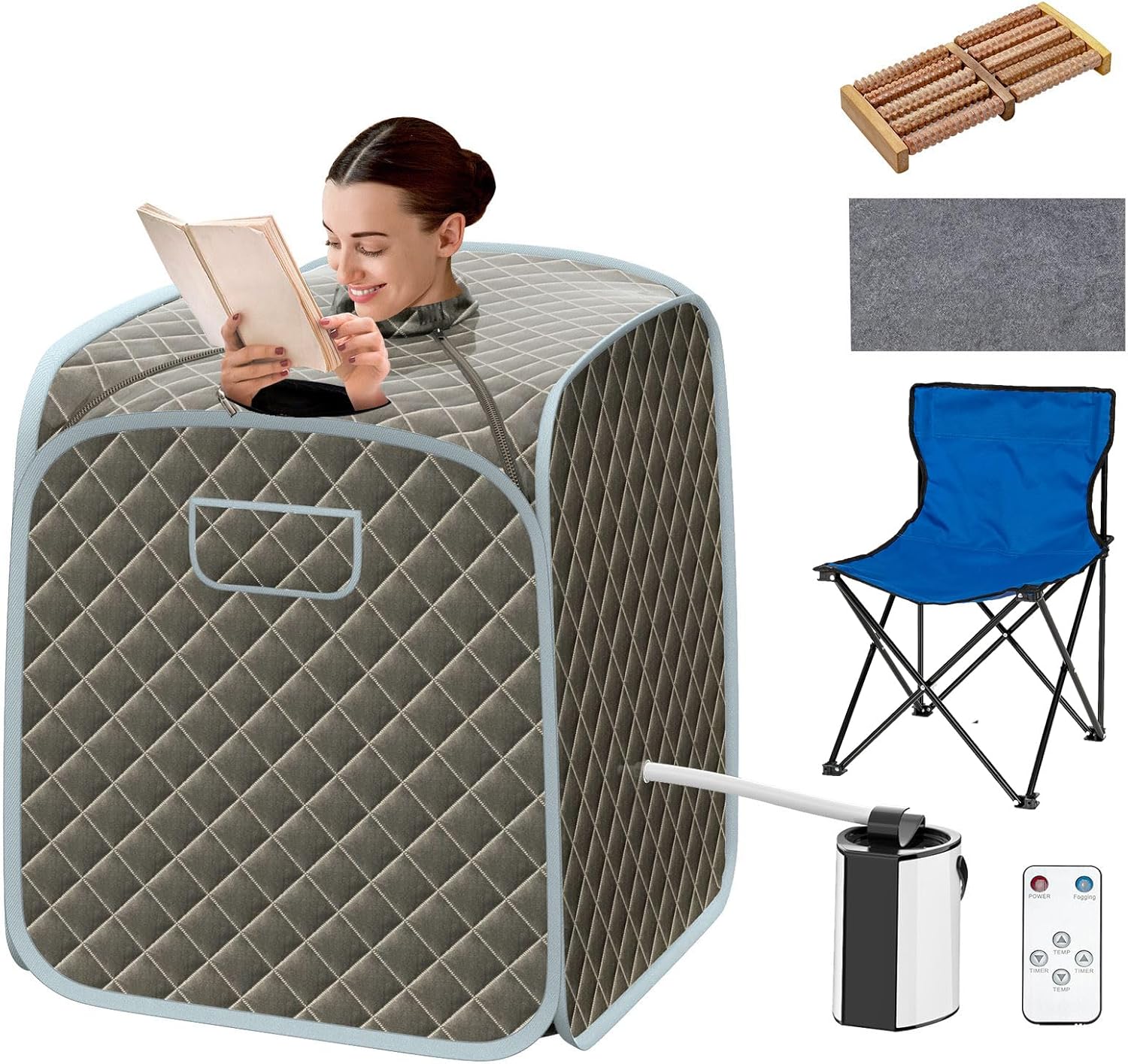 Portable Steam Sauna, Personal Full Body Sauna Spa with Remote Control, Folding Chair and Foot Massage Roller, Lightweight Foldable Home Sauna Tent (Grey)