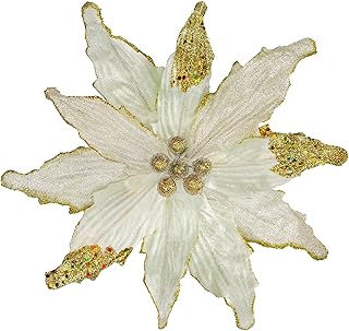 Briful 12'' Large Heads Christmas Glitter Poinsettia Flowers Christmas Tree Ornaments Set of 4 Artificial Flowers with Picks Stems for Xmas Tree Party DIY Holiday Decorations, White and Gold