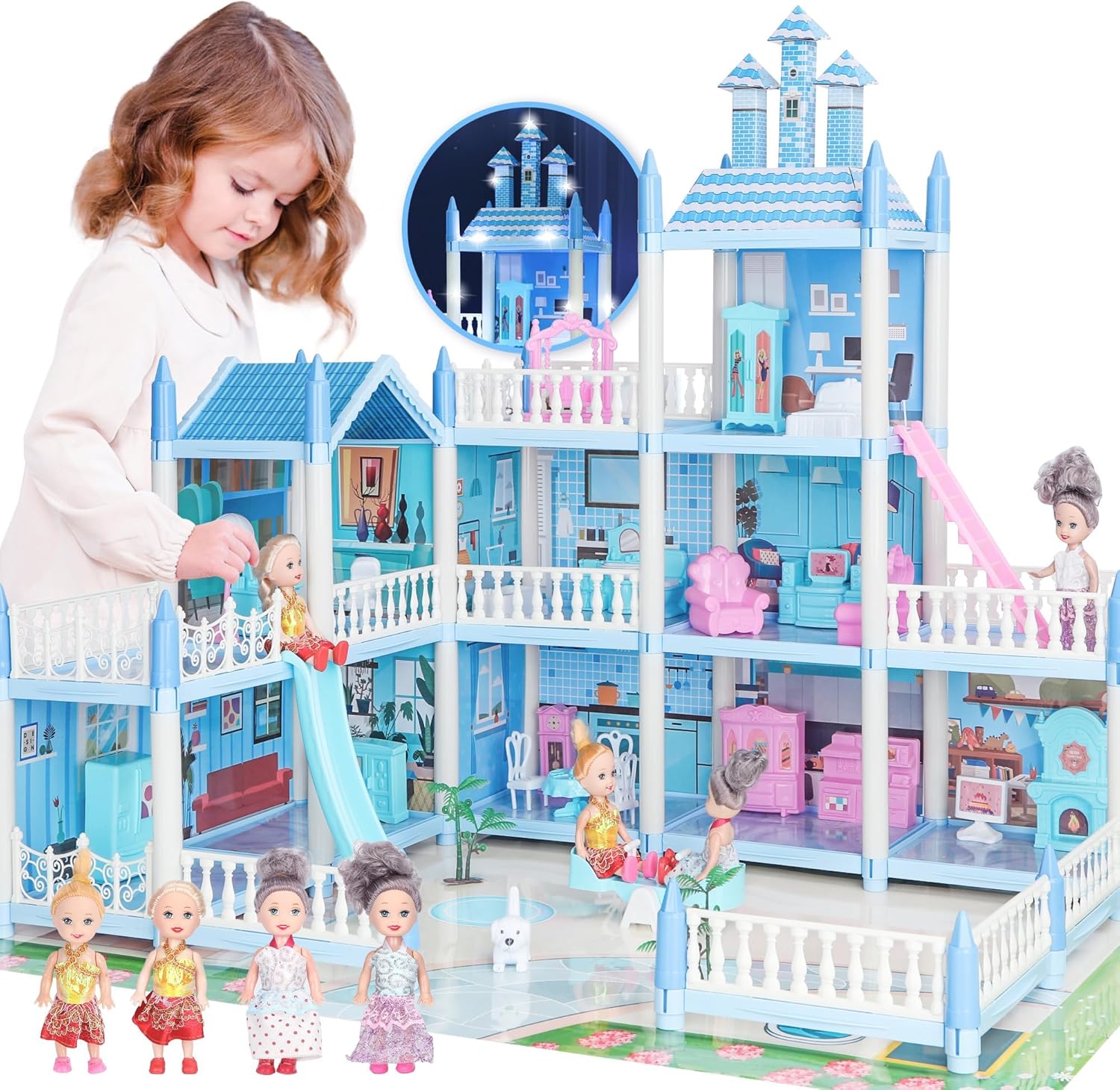 Doll House for Girls Toddlers - Huge Dollhouse with 4 Dolls Figure, Furnitures, Accessories, LED Light, 3 Stories Princess Dream Doll House Toys Gift for Kids 3 4 5 6 7 8 Year Old