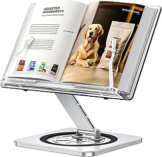 Aluminium Exterior Book Stand for Reading, Book Holder with 360° Swivel Base & Elastic Page Clips, Adjustable Cookbook Stand for Kitchen Counter, Recipe/Textbook/Music Scores Stand for Desk