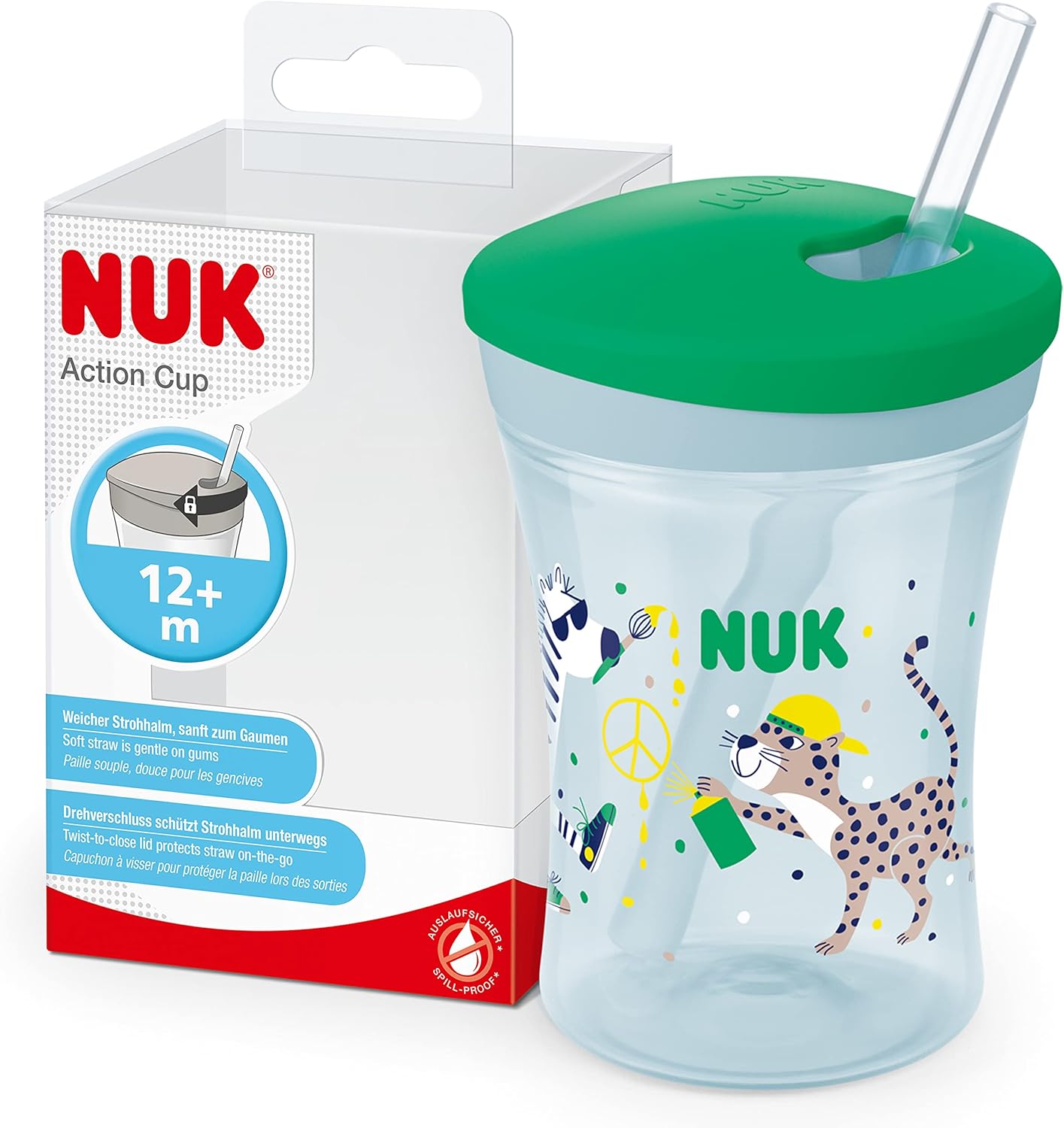 NUK Action Cup Toddler Cup | 12+ Months | Twist Close Soft Drinking Straw | Leak-Proof | BPA-Free | 230ml | Green Leopard
