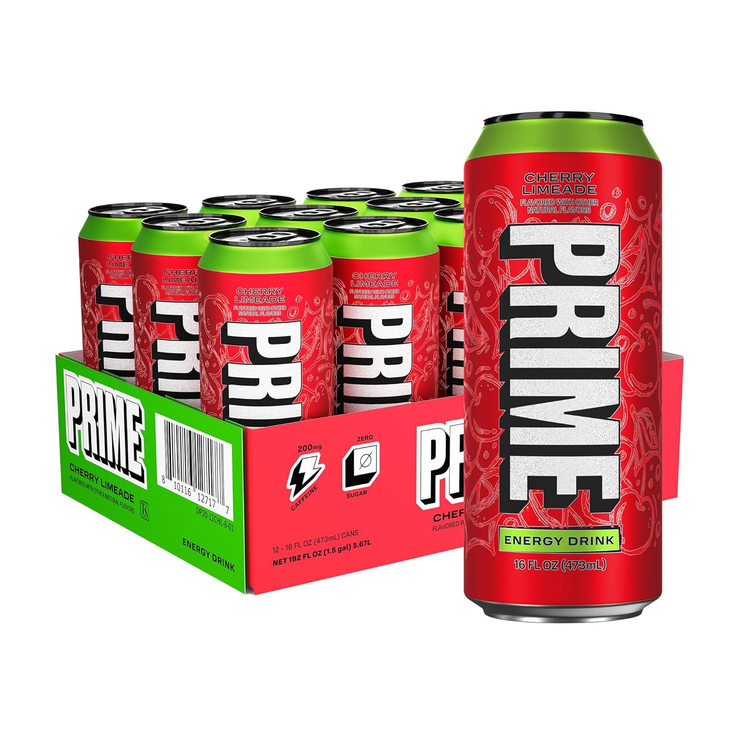 PRIME Energy CHERRY LIMEADE, Zero Sugar Energy Drink, 200mg Caffeine and 355mg of Electrolytes for Hydration, Vegan, Gluten Free,16 Fluid Ounce, 12 Pack