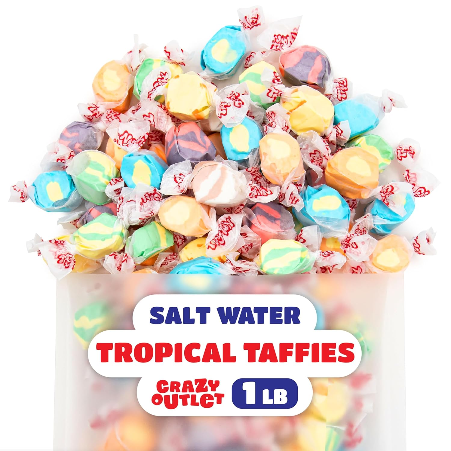 Salt Water Taffy Candy Mix - 1 Pound Bag - Assorted Tropical Fruit Flavors - Chewy Candy Individually Wrapped - Soft Tropical Candy - Old Fashioned Taffies
