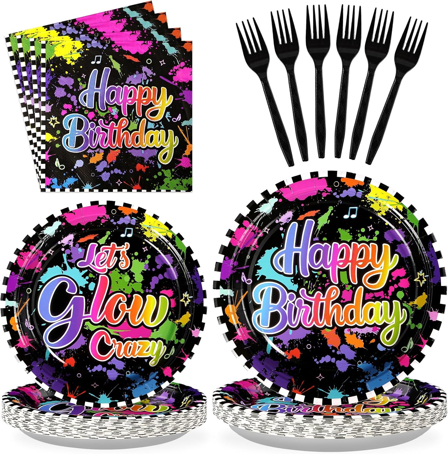 96 Pcs Neon Birthday Party Supplies 350 GSM Colorful Graffiti Paper Plates and Napkins Tableware Sets Glow In The Dark Decorations Favors for Baby Shower Rainbow Birthday Party Serves 24 ﻿