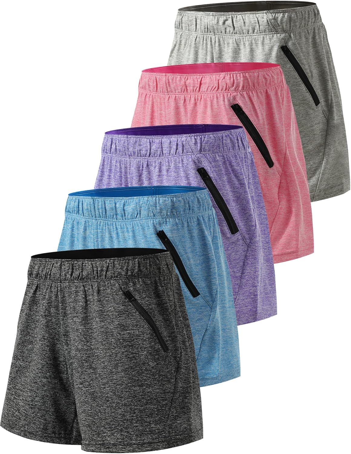 5 Pack: Womens Workout Gym Shorts Casual Lounge Set, Ladies Active Athletic Apparel with Zipper Pockets