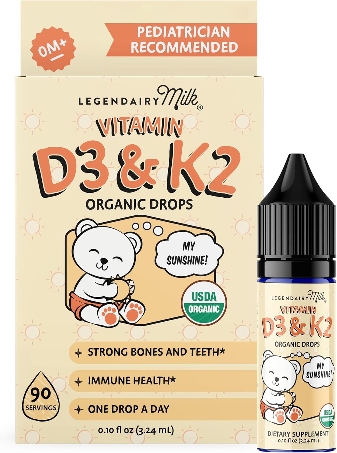 Legendairy Milk Organic Baby Vitamin D3 K2 Liquid Drops, 400 IU of Baby Vitamin D Drops for Infants - Vitamin D for Newborns, Toddlers, and Kids - Vegan, 90 Servings