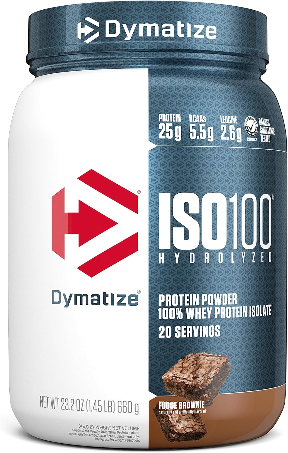 Dymatize ISO100 Whey Protein Powder Isolate, Fudge Brownie, 25g of Protein, 20 Servings, 5.5g BCAAs, Less Than 120 Cal., Gluten Free, 1g Fat, 1g Sugar, 2g Carb