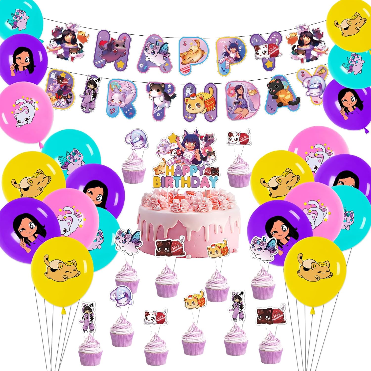 30 PCS Aphmau Plu-shie Cat Balloon, Cake Decoration, Happy Birthday Banner, Cupcake Toppers, Cat Balloons for Kids Birthday Party