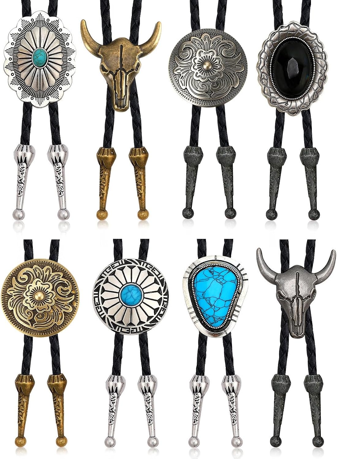 8 Piece Vintage Bolo Tie Set Adjustable Bolo Ties Western Leather Necktie Adjustable Costume Accessories Cowboy Cowgirl Gift for Weddings Retro Party Supplies