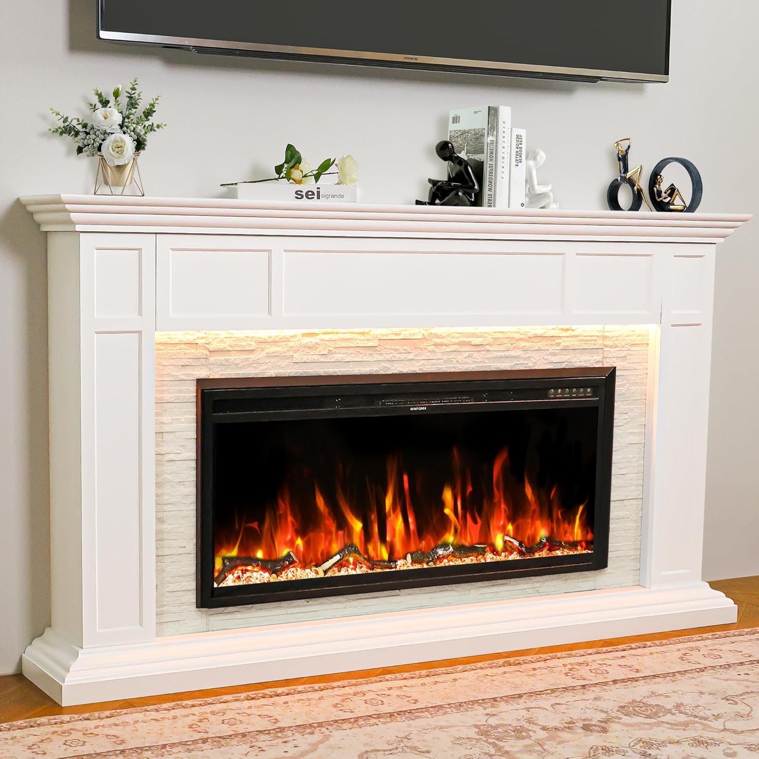 69" Electric Fireplace with Mantel for Living Room, Fireplace TV Stand with 42" Replaceable Fireplace Insert Heater, Adjustable Colors Corner Firebox Fireplace & Remote Control, Timer, White
