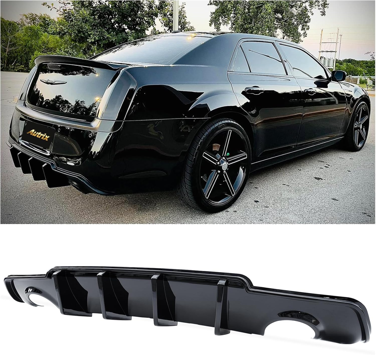 Rear Bumper Diffuser for 2012-2014 Chrysler 300, 300C, 300S, Base, Touring, Limited, Rear Diffuser Lip Splitter Valance Shark Fin Style Gloss Black