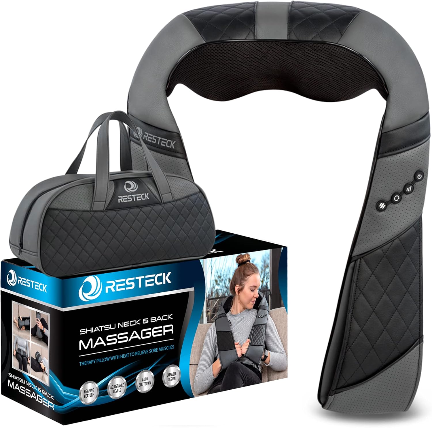 RESTECK Massagers for Neck and Back with Heat - Deep Tissue 3D Kneading Pillow, Electric Shiatsu Shoulder Massage, Foot, Legs,Body - Relieve Muscle Pain - Office, Home & Car