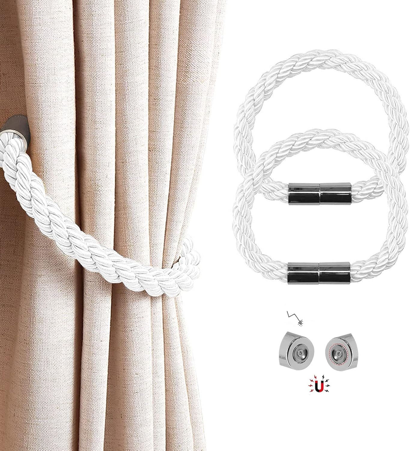 Magnetic Curtain Tie Backs, 2 Pack Braided Rope Curtain Holdbacks with Strong Magnet, 22 Inch Holder Decoration for Thin or Thick Home and Office Curtains, White