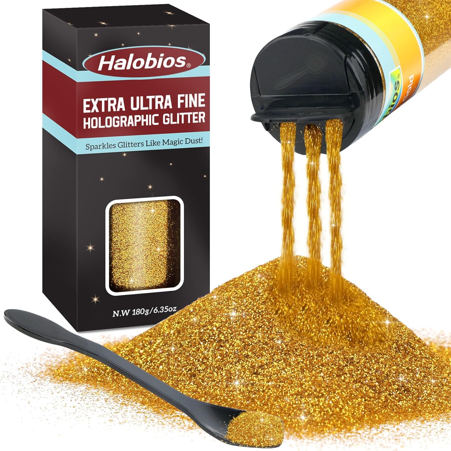 Extra Fine Glitter, Holographic Luxury Gold Glitter, 6.35oz(180g) Ultra Fine Craft Glitters, 1/128" Resin Glitter Powder for Hair Body, Nails, Arts and DIY Crafts Decoration